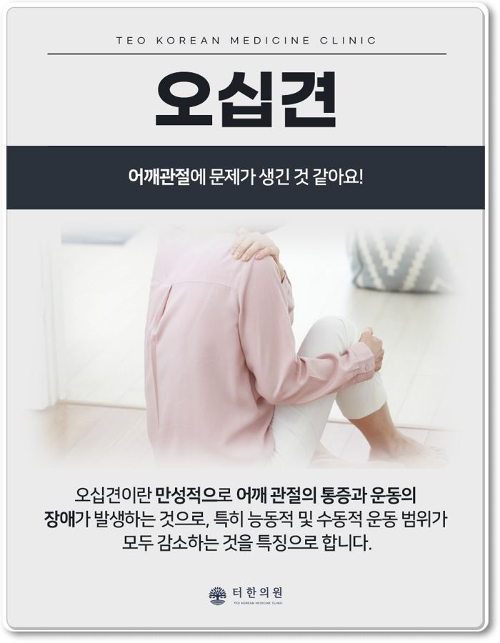 어깨를 짚고 앉은 사람과 오십견 증상을 설명한 이미지