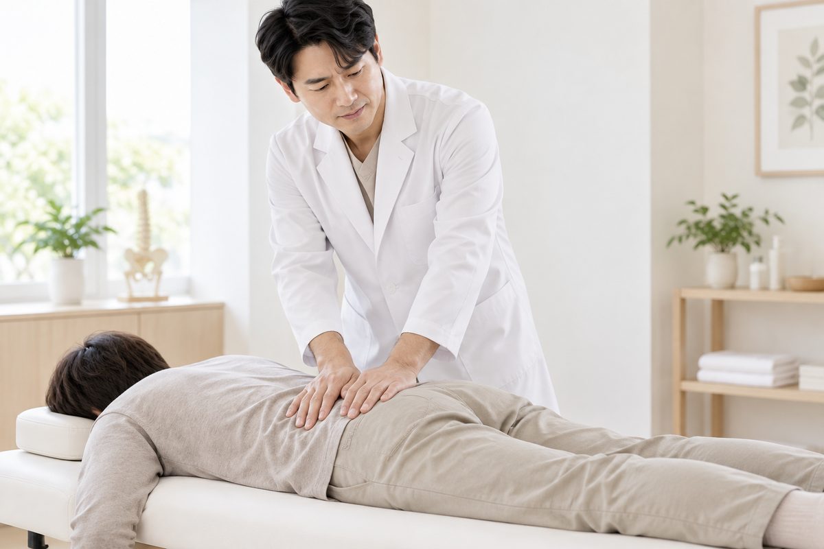 한의사가 누운 환자의 골반 정렬을 손으로 확인하는 모습